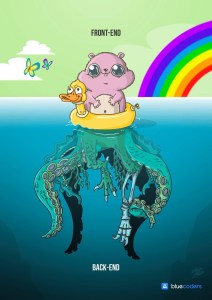 Image avec en-haut une ourson rose "Front-end" qui flotte sur une bouée canard ; en-dessous, de la ligne de flottaison, les pieds de l'ourson rose sont paires des de tentacules plus ou moins décomposées.