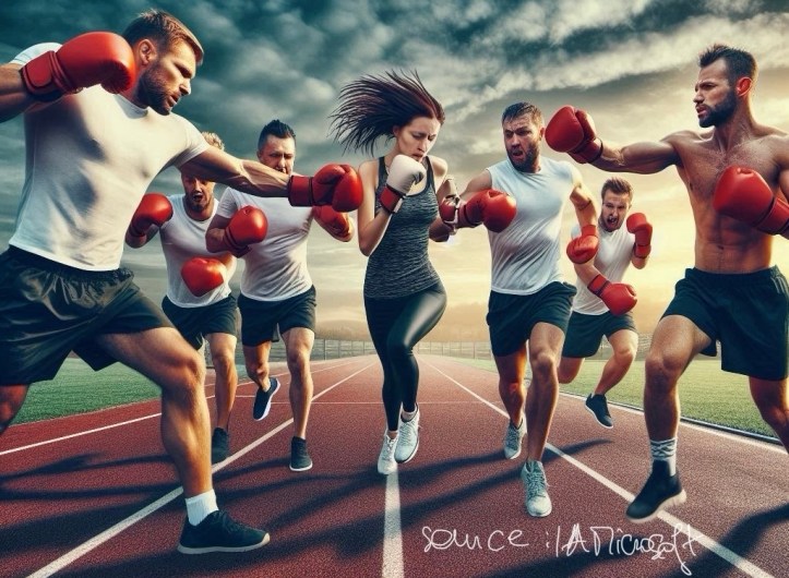 Femme qui court et se fait frapper par des hommes tout autour d'elle ; source: IA Microsoft