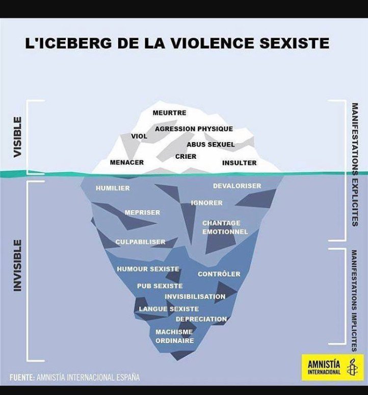 L'iceberg de la violence sexiste, créé par Amnistia Internacional
[manifestations explicites]
VISIBLE (partie émergée de l'iceberg)
Meurtre
Agression physique
Viol
Abus sexuel
Menacer 
Insulter
INVISIBLE (partie immergée de l'iceberg)
Humilier
Dévaloriser
Ignorer
Mépriser
Chantage émotionnel
Culpabiliser
[Manifestations implicites]
Humour sexiste
Contrôler
Pub sexiste
Invisibilisation
Langue sexiste
Dépréciation
Machisme ordinaire