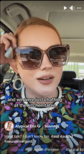 Reel Facebook Atypical Erin
Small talk? I don’t know her. #asd #audhd #neurodivergent
On today's episode of How are you not diagnosed sooner?
In my senior year of high school, I started dating a new boy.
And within about a week into the relationship, he came over to my house one night and we
were just chatting at the kitchen table and we stayed up until like midnight, just talking
and connecting and I don't know, maybe two months later, I referenced back to that evening
like what a great night it was.
He says: "Oh, that night that you interviewed me for 60 minutes?"
So to be clear, what I thought was emotional, deep bonding, he perceived as an interview.
That was the first time I knew I asked a lot of questions.