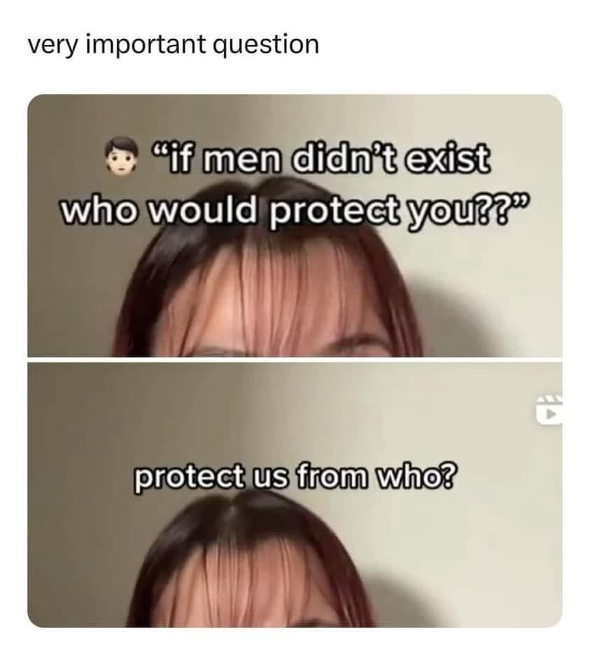 "If men didn't exist, who would protect you??" "Protect us from who?"