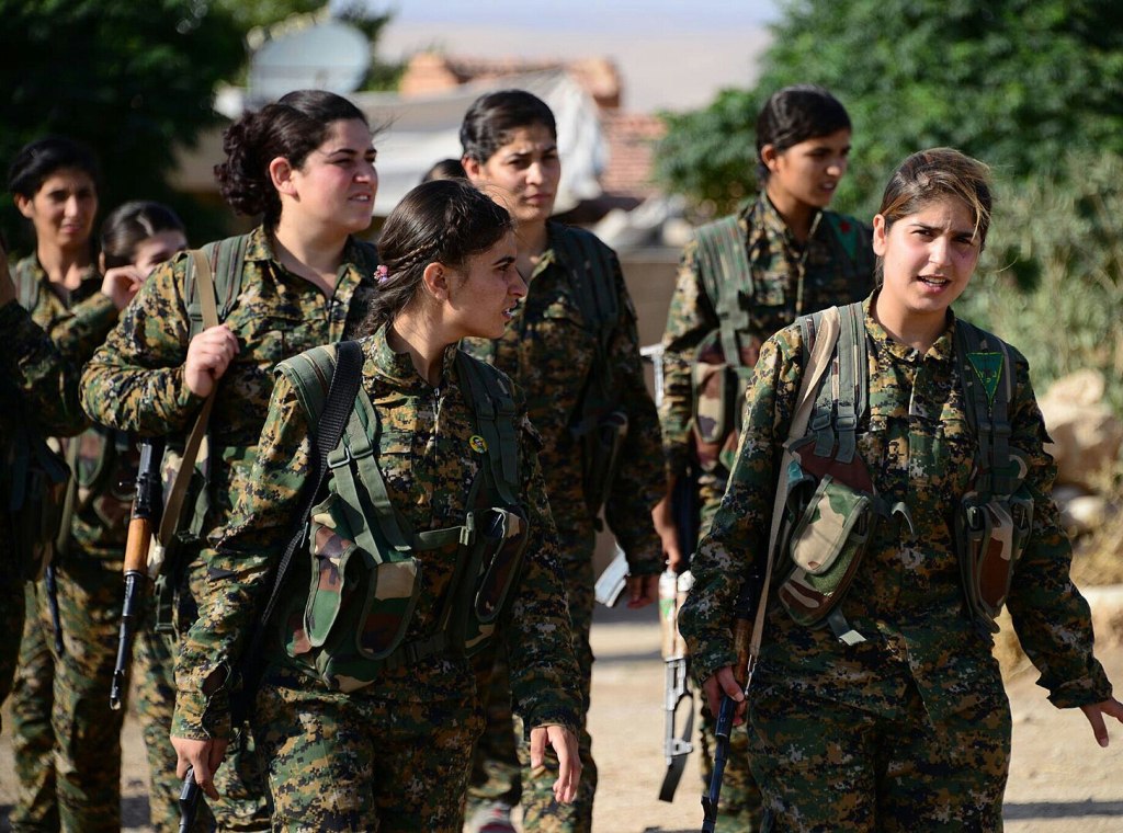 Groupe de 7 jeunes femmes en treillis militaire et en armes