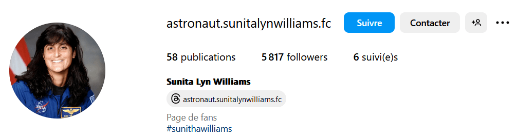 astronaut.sunitalynwilliams.fc

    58 publications
    5 817 followers
    6 suivi(e)s

𝗦𝘂𝗻𝗶𝘁𝗮 𝗟𝘆𝗻 𝗪𝗶𝗹𝗹𝗶𝗮𝗺𝘀
Page de fans
#sunithawilliams