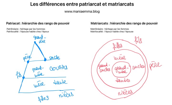 Les différences entre patriarcat et matriarcats www.maniaemma.blog
Patriarcat: hiérarchie des rangs de pouvoir
Patrilinéaire : héritage par les hommes
Patrilocalité : l'épouse habite chez l'époux
sous forme de pyramide :
- au sommet, rang 1 : grand-père (patriarche)
- en-dessous, rang 2 : père, oncle
- en-dessous, rang 3 : fils, grand-mère, cousins
- en-dessous, rang 4 : mère, tantes
- en-dessous, rang 5 : filles, nièces
Martiarcats : hiérarchie des rangs de pouvoir
Matrilinéaire : héritage par les femmes
Matrilocalité : l'époux habite (temporairement) chez l'épouse
sous forme de cercle concentrique :
- au centre, rang 1 : grand-mère (matriarche)
- cercle autour, rang 2 : mères, tantes, grand-oncles, oncles
- cercle autour, rang 3 : filles, nièces
- à l'extérieur, rang 4 : fils (après 12 ans), père (qui vit plutôt chez sa propre mère)