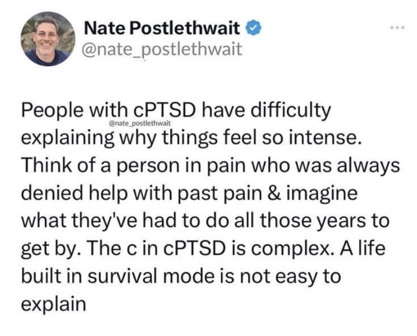 Nate Postlethwait o @nate_postlethwait
People with PTSD have difficulty
@nate_postlethwait
explaining why things feel so intense.
Think of a person in pain who was always denied help with past pain & imagine what they've had to do all those years to get by. The c in cPTSD is complex. A life built in survival mode is not easy to explain